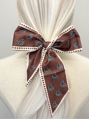 Brown Paisley Skinny Scarf Neutral Twilly Hair Tie Neck Scarf